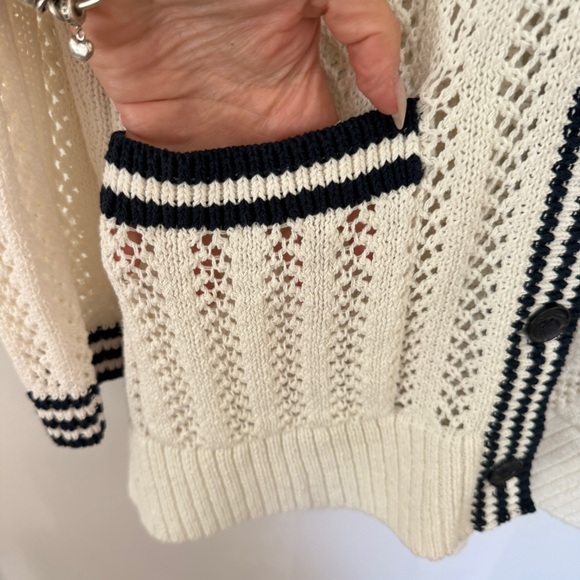 Lou & Grey Tipped Crochet  V-Neck Pocket Cardigan L Nautical Preppy Cotton - Picture 5 of 11